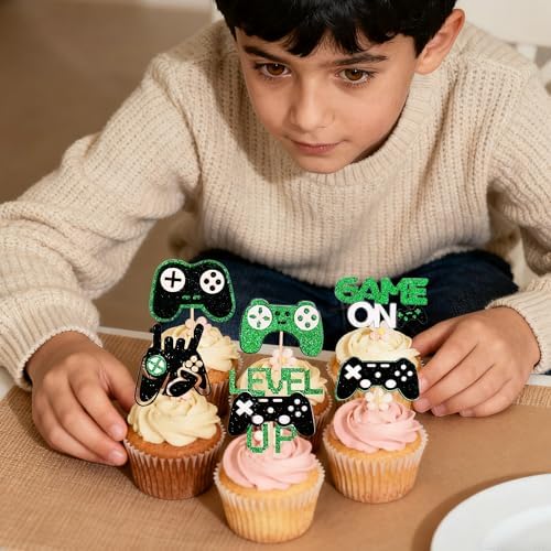 12 PCS Video Game Controllers Cupcake Toppers Glitter Black Green Cake Picks for Baby Shower Game Theme Birthday Party Cupcake Decorations Supplies