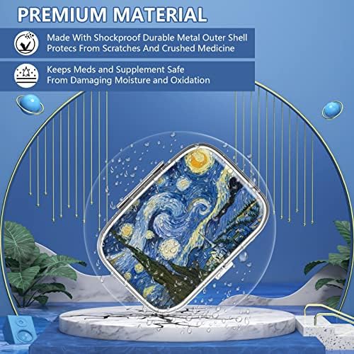 Pill Box 2 Compartment Small Pill Case,Portable for Pocket or Purse Pill Organizer Pill Container Holder to Hold Vitamins, Medication, Fish Oil and Supplements(Starry Night)