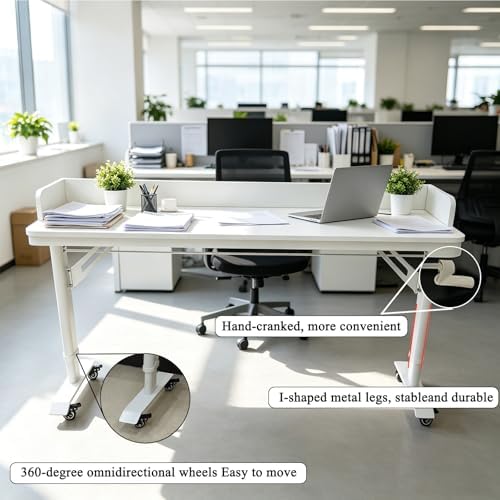 White Overbed Table Adjustable Height,Overbed Table with 360° Wheels, Rolling Over The Bed Desk, Queen Size Beds, Laptop Desk for Bed, for Bedroom, Living Room, Hospital Use