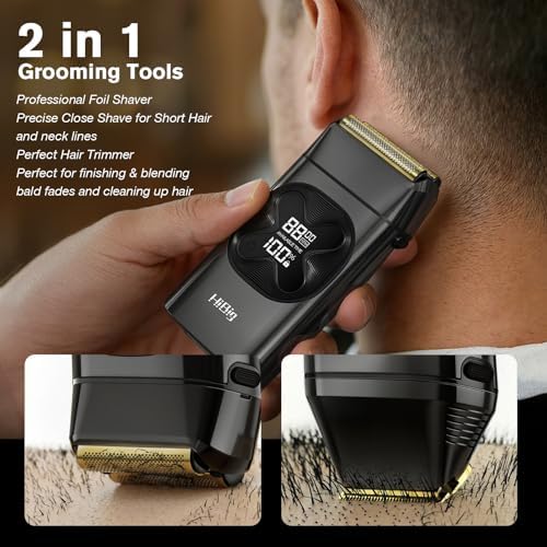 Professional Double Foil Shavers for Men: 2-in-1 Electric Razor for Men, Portable LED Display Cordless Close Beard Trimmer for Head Beard Neck, Technology & Precision Blades, Obsidian Black