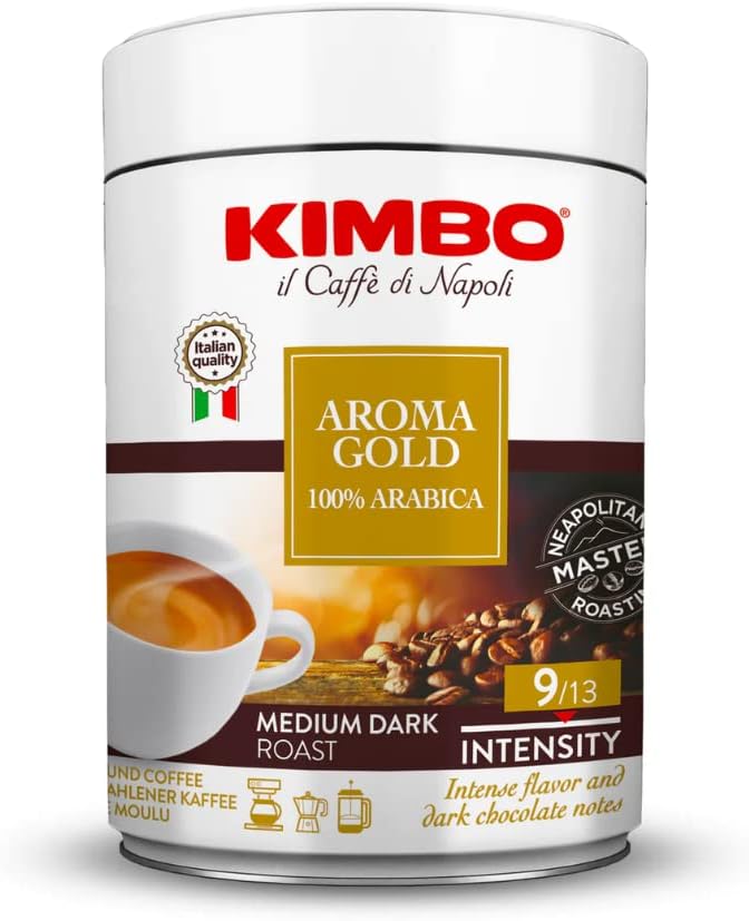 Kimbo 100% Arabica Ground Coffee Tin, Aroma Gold, Medium Dark Roast, 9/13 Intensity, 8.8 oz (250g)