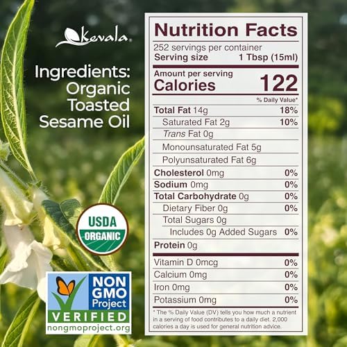 Kevala Organic Toasted Sesame Oil | Pure Toasted Sesame Seed Oil for Cooking, Marinades, and Dressings | USDA Organic, Kosher, Non-GMO Certified Vegetable Oil Alternative | 64 Fl Oz | 1-Pack