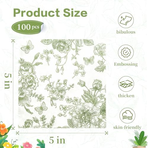 Mwellewm 100Pc Sage Green Floral Napkins Cocktail Napkins Disposable Paper Beverage Dessert Dinner Napkin Guest Fancy Decorative Hydrangea Flower for Wedding Bridal Baby Shower Birthday Party