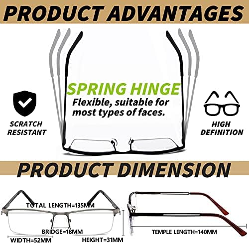 3 Pack Reading Glasses for Men Blue Light Blocking, Lightweight Metal Rectangle Semi Rimless Readers for Men, Anti Eyestrain/UV, Half Frame Spring Hinge Eyeglasses with Pouches 275