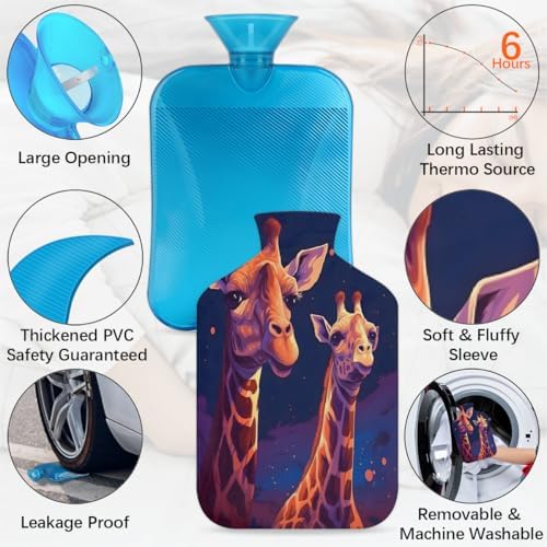 Giraffe Oil Painting Hot Water Bottle with Soft Cover, 2L Hot Water Bag for Pain Relief Menstrual Cramps Hand Feet Warmer Neck and Shoulder Hot and Cold Therapy