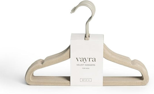 Vayra Home Velvet Hangers â Non-Slip Clothes Hangers for Closet Organization â Neutral Beige, Strong Hold, Matte Hook â Kids (Set of 10)