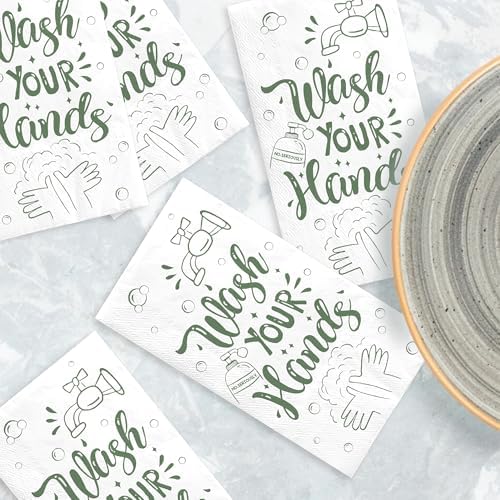 200Pcs Wash Your Hands Paper Napkins 3 Ply Disposable Green Hand Towels Bathroom Guest Napkins for Kitchen Wedding Anniversary Baby Shower Supplies