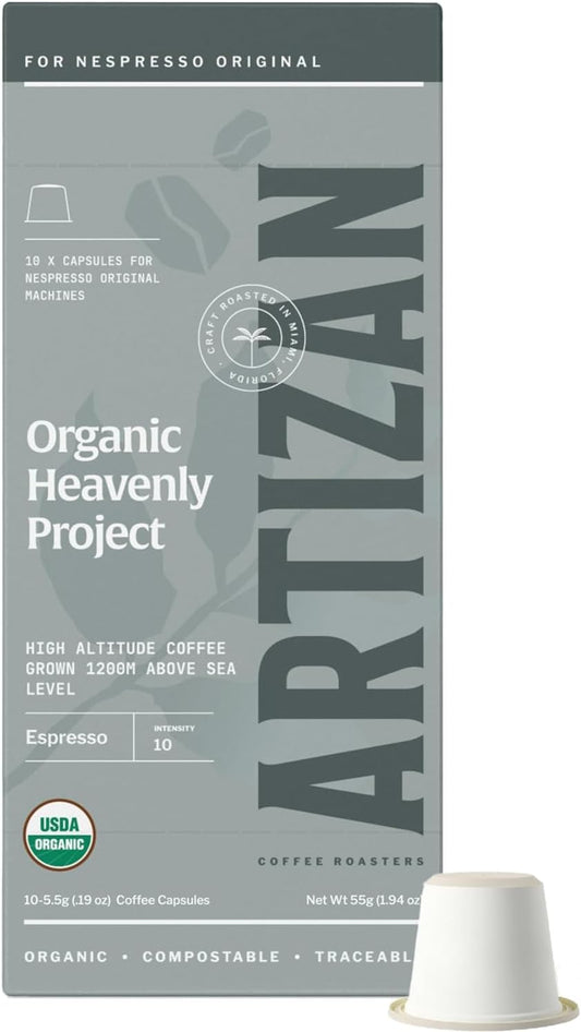 Artizan Coffee USDA Organic Espresso Coffee Capsules For Nespresso Original | Heavenly Project | 10 Compatible Compostable Pods