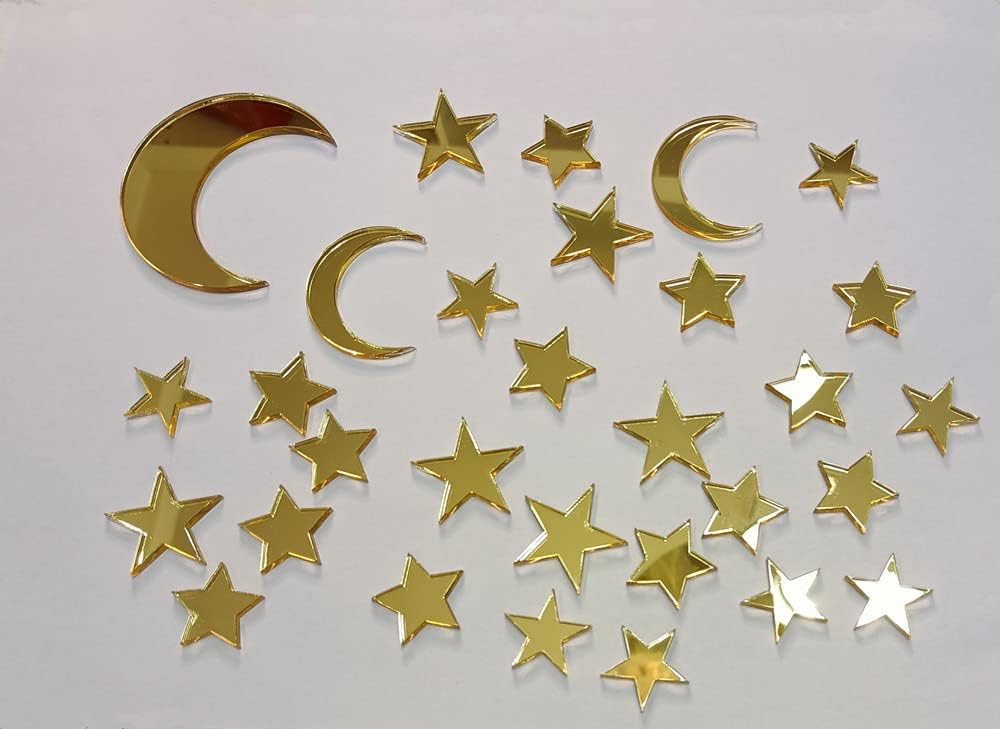 Set of 30 Acrylic Cake Toppers,Gold Twinkle Moon Stars Cake Toppers for Baptism, Baby & Expecting,Anniversary,Wedding Engagement Themed Party (Gold Mirror-1)