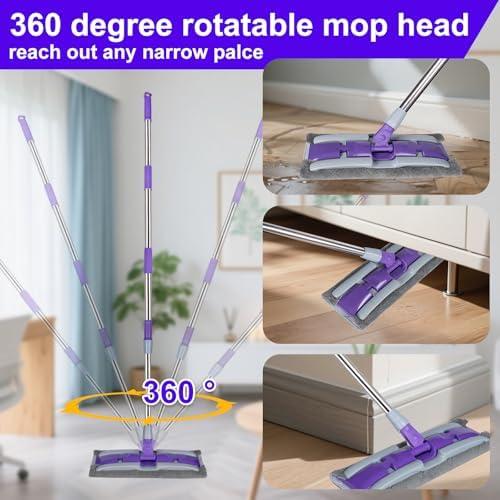 Microfiber Mops for Floor Cleaning ,Wet Dry Flat Mop with Stainless Steel Telescopic Handle,4 Reusable Mop Pads , Dust Mop for Hardwood Floors ,Home,Laminate,Tile,Hardwoods Cleaning (Purple)