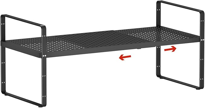 Expandable Cabinet Countertop Shelves 16.5-27ââL, Adjustable Metal Spice Rack Organizer, Stackable Kitchen Counter Storage Shelves Organizers for Cabinet Organization, Black