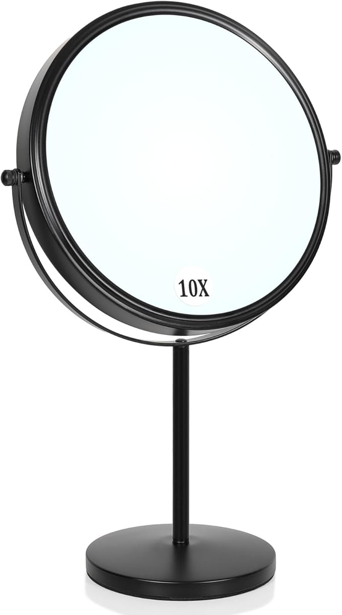 Large Size Tabletop Makeup Mirror with Magnification, 9-Inch Double-Sided 360Â° Swivel Free Standing Vanity Mirror, 1X/10X Magnifying Mirror with Stand for Bathroom & Bedroom, Matte Black, No Light