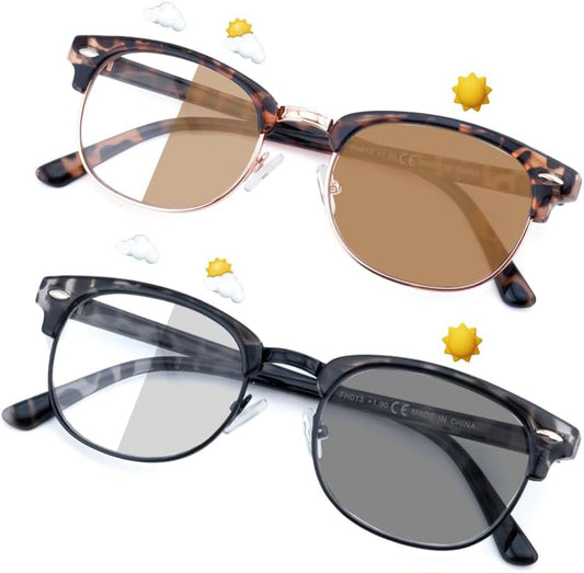 2 Pack Photochromic Reading Sunglasses for Men Women Full Lens Sun Readers Outdoor Magnifying Glasses NON BIFOCAL, +3.0