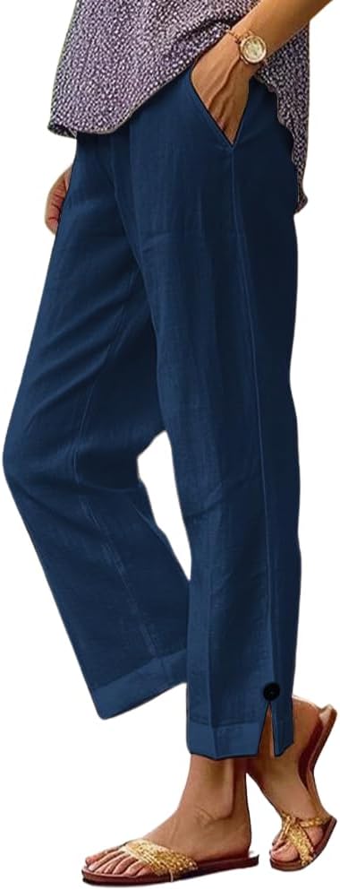 Womens Straight Leg Pants with Pockets Elastic Waist Solid Color Summer Pants for Women Loose Casual Work Pant Lounge Trousers 2025 Blue S