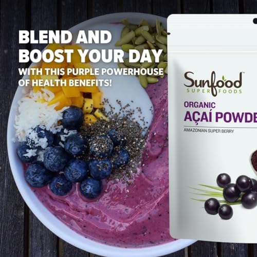 Sunfood Superfoods Organic Acai Powder - Dried Acai Berry Powder Mix for Smoothie Bowls & Drinks, Fruit Source of Antioxidants, Gluten Free, USDA Organic, Non GMO - 4 oz Bag