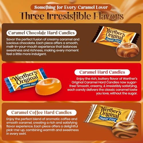 Werthers Original Hard Candy - 1lb Variety Pack of Individually Wrapped Sugar-Free Chocolate, Coffee & Caramel Candy, Guilt-free Zero Sugar Snacks Perfect for Candy Dish & Holiday Gift Bag