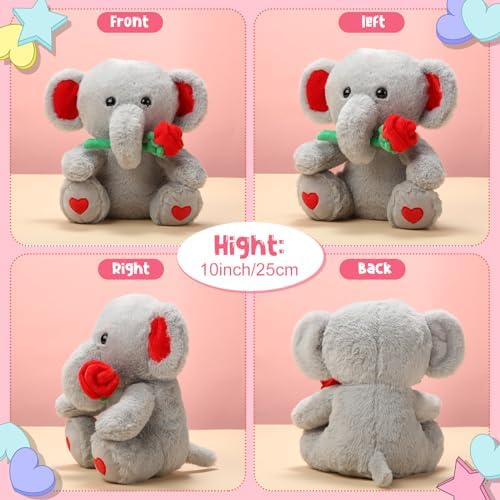 Halloscume Valentine's Day Gifts Plush Elephant with Rose Heart Soft Stuffed Elephant Toys Gifts Cute Stuffed Animals for Girlfriend Boyfriend Lover Classroom Exchange Prizes Decor 10 Inch