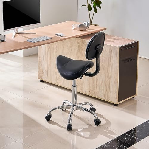 VEVOR Saddle Stool with Back Support and Wheels, 450 LBS Weight Capacity Ergonomic Rolling Stool, Height Adjustable Thickened PU Leather Swivel Saddle Chair for Salon, Spa, Massage, Tattoo, Black