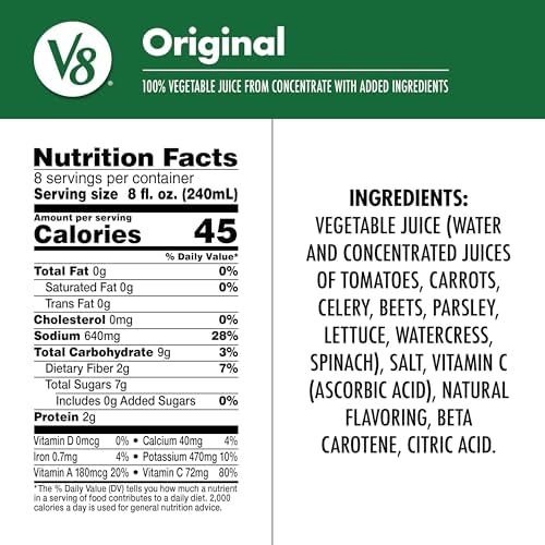 V8 Original 100% Vegetable Juice, Vegetable Blend with Tomato Juice, 64 Ounce Bottle (Pack of 6)