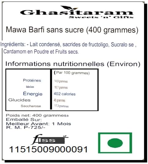 Ghasitaram Gifts Indian Sweets - Sugar Free Sweets - Mawa Barfi (400grms)