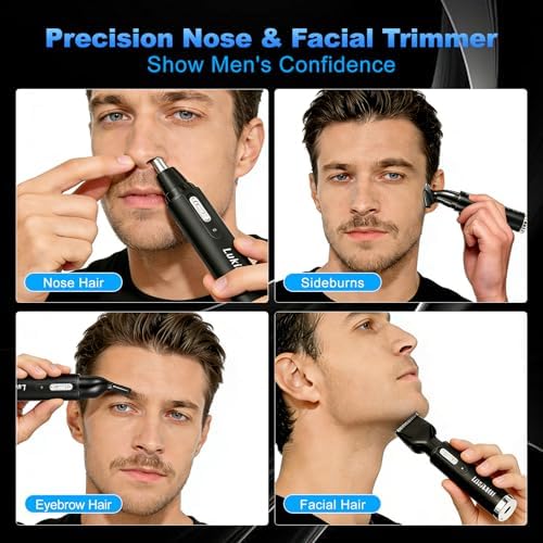 Rechargeable Ear and Nose Hair Trimmer, 4-in-1 Professional Painless Eyebrow & Facial Hair Trimmer for Men Women, Powerful Motor and Dual-Edge Blades for Smoother Cutting, Black (Black)
