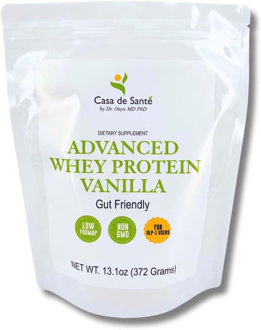 Casa de Sante Advanced Whey Protein Vanilla - GLP-1 Support | Low FODMAP Gut Friendly 25g Protein with ProHydrolase Enzymes Whey Isolate Powder | MD PhD Formulated -13 oz