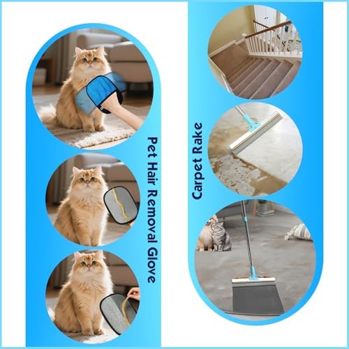 Carpet Rake for Pet Hair Removal, 54" Adjustable Long Handle 3 in 1 Carpet Rake & Pet Hair Removal Gloves for Cat Dog Fur Remover for Carpets, Rugs, Mats and Furniture(with 2 Hooks)