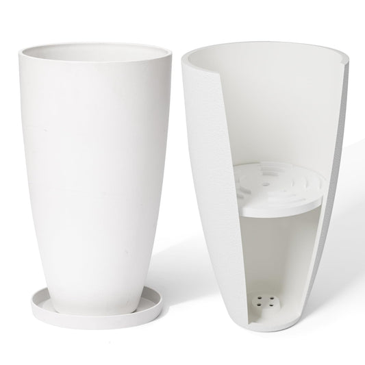 LA Jolie Muse Tall White Planters Set of 2,20 Inch Indoor/Outdoor Round Planters with Shelf Inset,Modern Large Planters with Drainage Holes for Front Door,Balcony and Patio Deck
