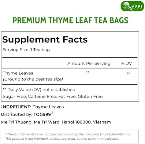 TOG999, Premium 120 Thyme Leaf Tea Bags, 100% Natural & Pure. Loose Leaf Thyme Herbal Tea. No Sugar, No Caffeine, No Gluten, Vegan.