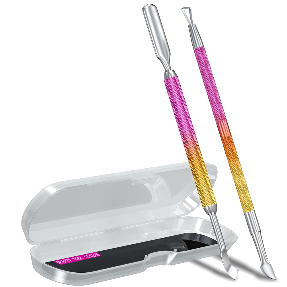 2PCS Metal Pink-Yellow Gradient Cuticle Pusher and Cutter Remover Salon Quality Stainless Steel Gel Nail Polish Peeler Scraper Durable Manicure and Pedicure Cleaner Tool For Fingernail and Toenail