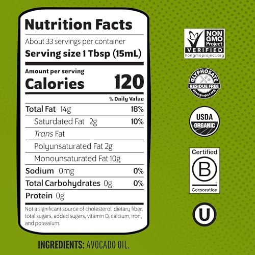 Chosen Foods Organic Avocado Oil, 16.9 Fl Oz - All Purpose Cooking Oil made from 100% Pure Avocados - Non-GMO, Gluten-Free, Keto Friendly, Glyphosate Free - 500mL (Pack Of 1)