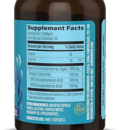 Vegan Omega 3 Algae Oil Plant-Based DHA & EPA from Algae Oil | 550mg Omega-3s per Softgel with 300mg DHA & 150mg EPA | Heart, Brain, & Vision Support | Non-GMO Carrageenan-Free Sustainable 30 Servings