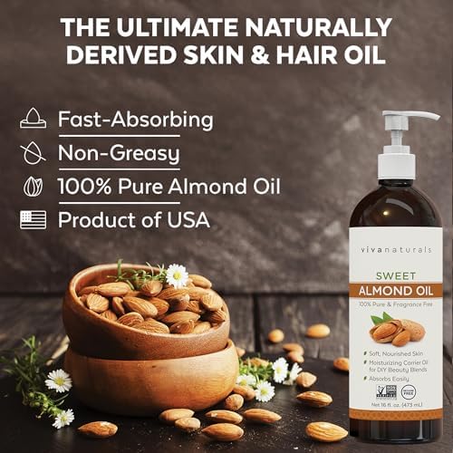 Viva Naturals Sweet Almond Oil, 16 fl. oz – Skin & Hair Moisturizer, Body & Massage Oil, Carrier Oil for Essential Oils, Non-Greasy & Pure