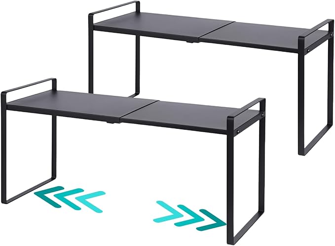2 Pack Expandable Cabinet Shelf Organizer Riser for Kitchen Pantry Cupboard Under Sink Countertop (2 Pack 8.2ââD * 12.2-21.6ââW * 10.4ââH) (Black)