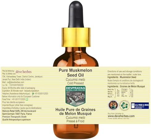 Muskmelon Seed Oil (Cucumis melo) with Glass Dropper | Cold Pressed | Pure | Natural | For Diluting Essential oils | For Skin & Massage | Non-Sticky| Lightweight| Unisex | 15ml (0.50 oz)