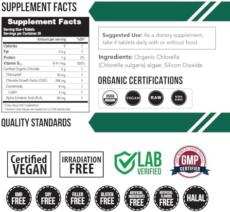 Organic Chlorella: 3 Organic Certifications – Broken Cell Wall Form, Blue Green Algae - Raw, Sun-Grown, Non-Irradiated, Maximum Nutrient & CGF (Chlorella Growth Factor) Levels - (120 Tablets)