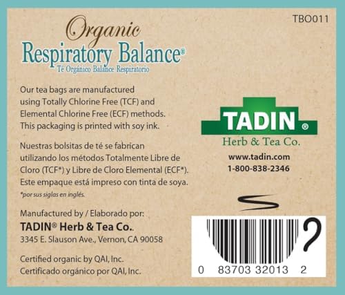 Tadin Organic Respiratory Tea, Caffeine Free Herbal Tea for Respiratory Support, 20 Tea Bags Per Box, Pack of 1