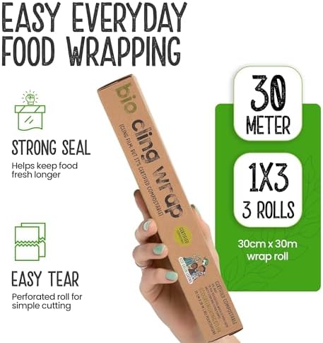 Eco Green Living Biodegradable Cling Film Bio Cling Wrap 100% Compostable, BPA & Plastic-Free Food Wrap, Vegan, Fridge & Freezer Safe, Recyclable Cardboard Dispenser. 3 Pack 30cm x 30m
