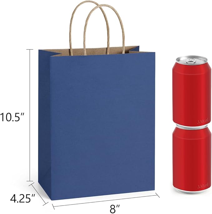 BagDream Navy Blue Gift Bags 8x4.25x10.5 100Pcs Kraft Paper Bags with Handles Bulk Medium Size for Shopping, Party Favor, Retail Merchandise Grocery Paper Sacks