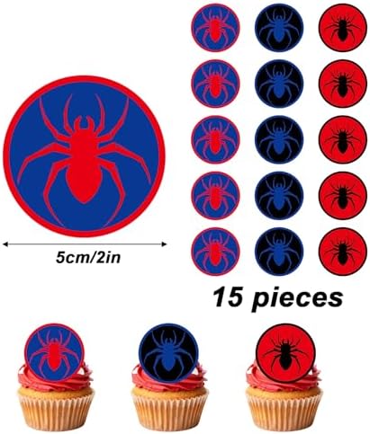 15pcs Edible Cupcake Toppers, 5cm/2 Inch Round Spider Happy Birthday Edible Cake Decoration Red Cartoon Spider Cakes Decor for Kids Boys Girls Birthday Theme Party (3 Design)