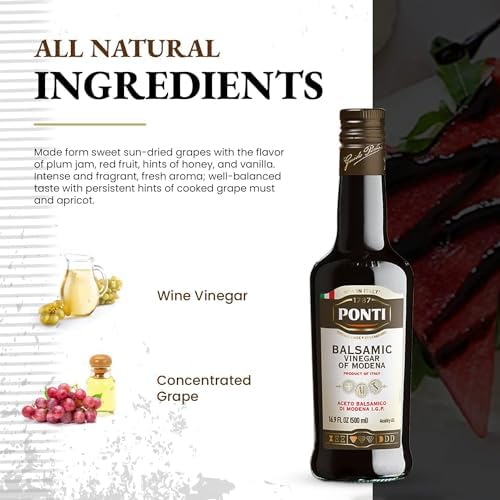 Ponti Balsamic Vinegar of Modena 16.9oz (500ml) - Italian Gluten Free Vegan Dressing Vinaigrette with Concentrated Master Chef Wine Vinegar Low Carb Food Gifts Condiments Cooked Grape