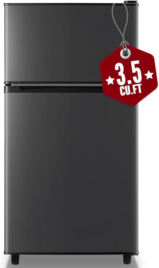 WANAI Mini Fridge with Freezer, 3.5 cubic feet 2- Doors Small Refrigerator Features 7 Gear Mechanical Control, Side Bottle Rack, LED Light, 2 Glass Removable Shelves, Crisper Drawer, Dark Grey