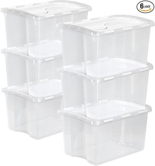 Sterilite 6-Pack Stackable Storage Bin with Lid, Clear Plastic Design, 48 Quart