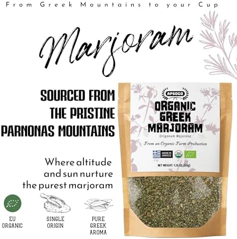 APSOGO Organic Marjoram 1.76oz - Greek Dried Marjoram Leaves - Origanum Majorana - Organic Marjoram Spice for Cooking, Seasoning & Tea - Resealable Pouch