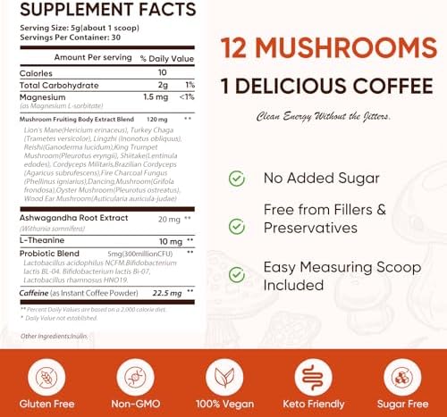 Mushroom Coffee, 12 Mushrooms Powder Blend Ashwagandha, Lion's Mane, Chaga and Probiotics, Mushrooms Instant Coffee Latte for Focus, Gut & Immunity Health- 30 Servings