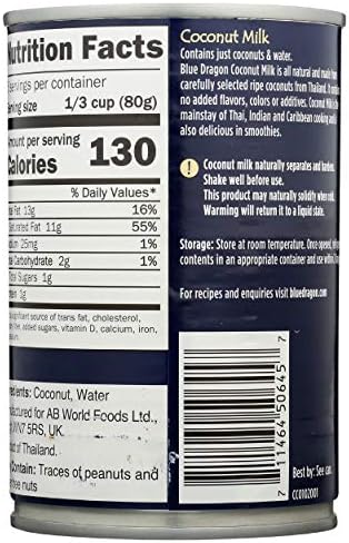 Blue Dragon Unsweetened Coconut Milk, Contains Only Coconut & Water, All Natural, Vegan, Gluten Free & Non-GMO, 13.5 Fluid Ounce (Pack of 12)