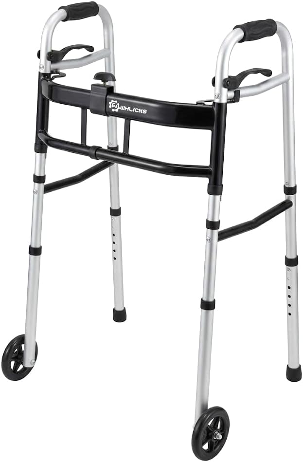 WHLICKS Folding Walkers for Seniors, Lightweight Aluminum Walker with 5'' Front Wheels and 2 Skis, Height Adjustable Standard Walker for Elderly and Disabled, Stable Frame up to 350 lbs