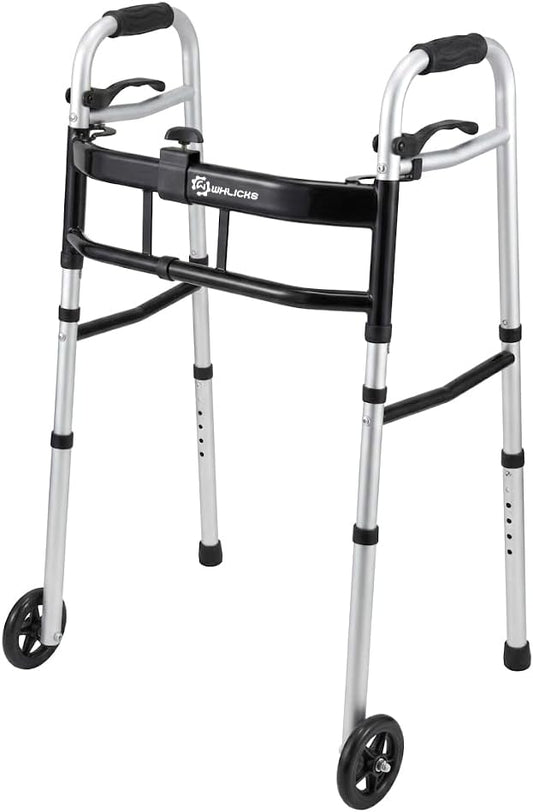 WHLICKS Folding Walkers for Seniors, Lightweight Aluminum Walker with 5'' Front Wheels and 2 Skis, Height Adjustable Standard Walker for Elderly and Disabled, Stable Frame up to 350 lbs