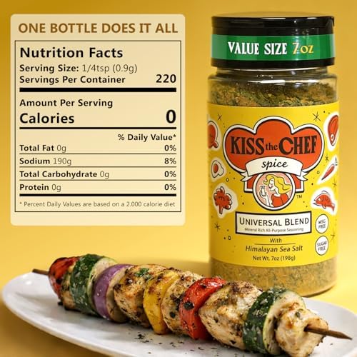Kiss the Chef Universal Seasoning Blend, 7 oz – All Purpose Seasoning, No MSG, Gluten Free – Works on Chicken, Eggs, Vegetables & Meat – Replaces Salt & Pepper – Clean Label Spice Blend for Summer Grilling