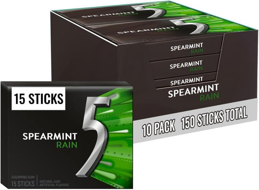 5 GUM Spearmint Rain Sugar Free Chewing Gum Refreshing Invigorating Minty Flavor Five Gum, 15 Stick Pack (10 Packs)